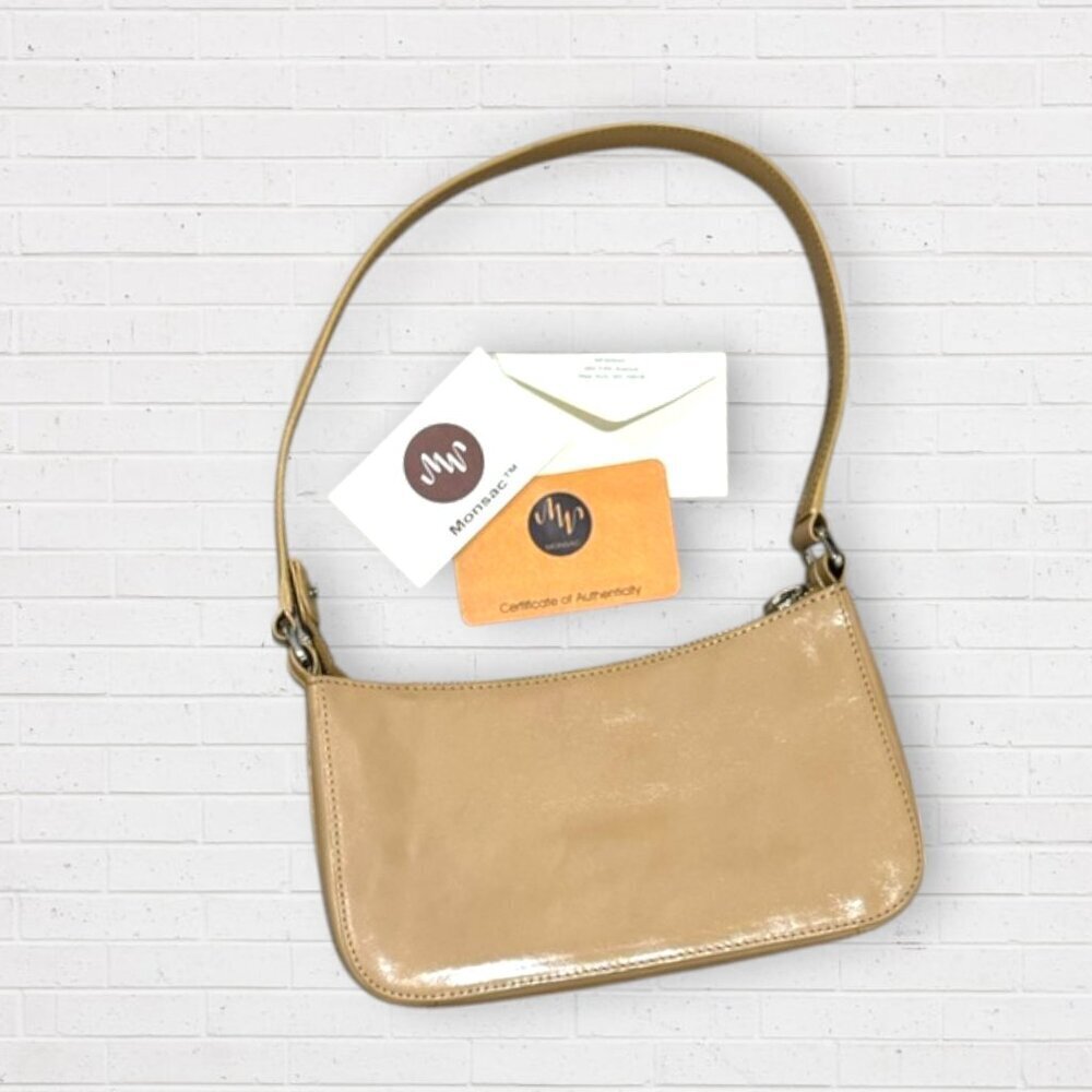 Monsac Original Camel Patent Leather Shoulder Bag Y2K Minimalist Purse Authentic